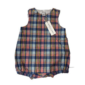 JANIE AND JACK 6-12 M One-Piece Linen Blend Madras Pink Blue Plaid Bubble Romper